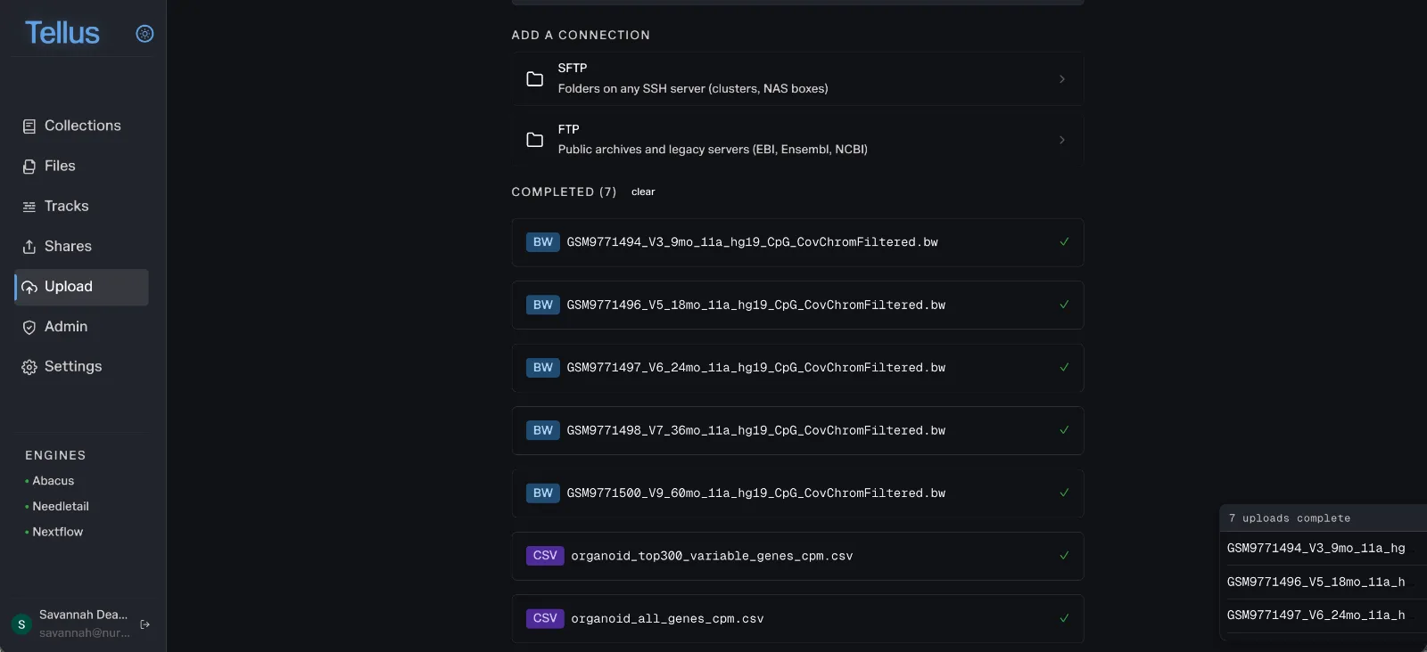 The Tellus upload screen. An Add a Connection panel offers SFTP for folders on any SSH server and FTP for public archives and legacy servers. Below it, seven completed uploads: five bigWig CpG methylation tracks named for 9, 18, 24, 36 and 60 months, and two CSV expression tables.