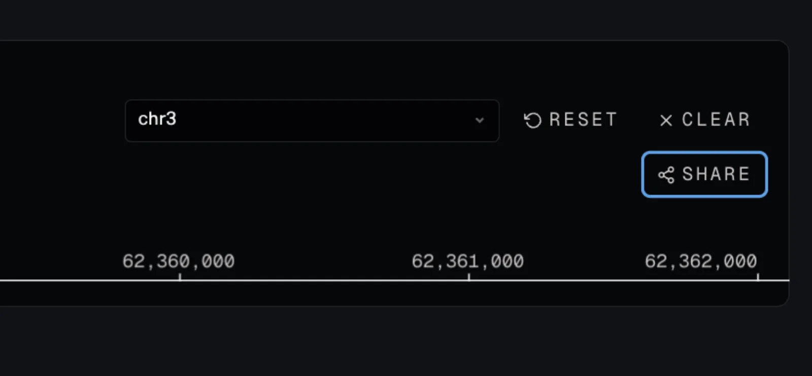 The Tellus track header, showing the chromosome selector set to chr3 alongside Reset, Clear and Share controls, above the coordinate ruler.