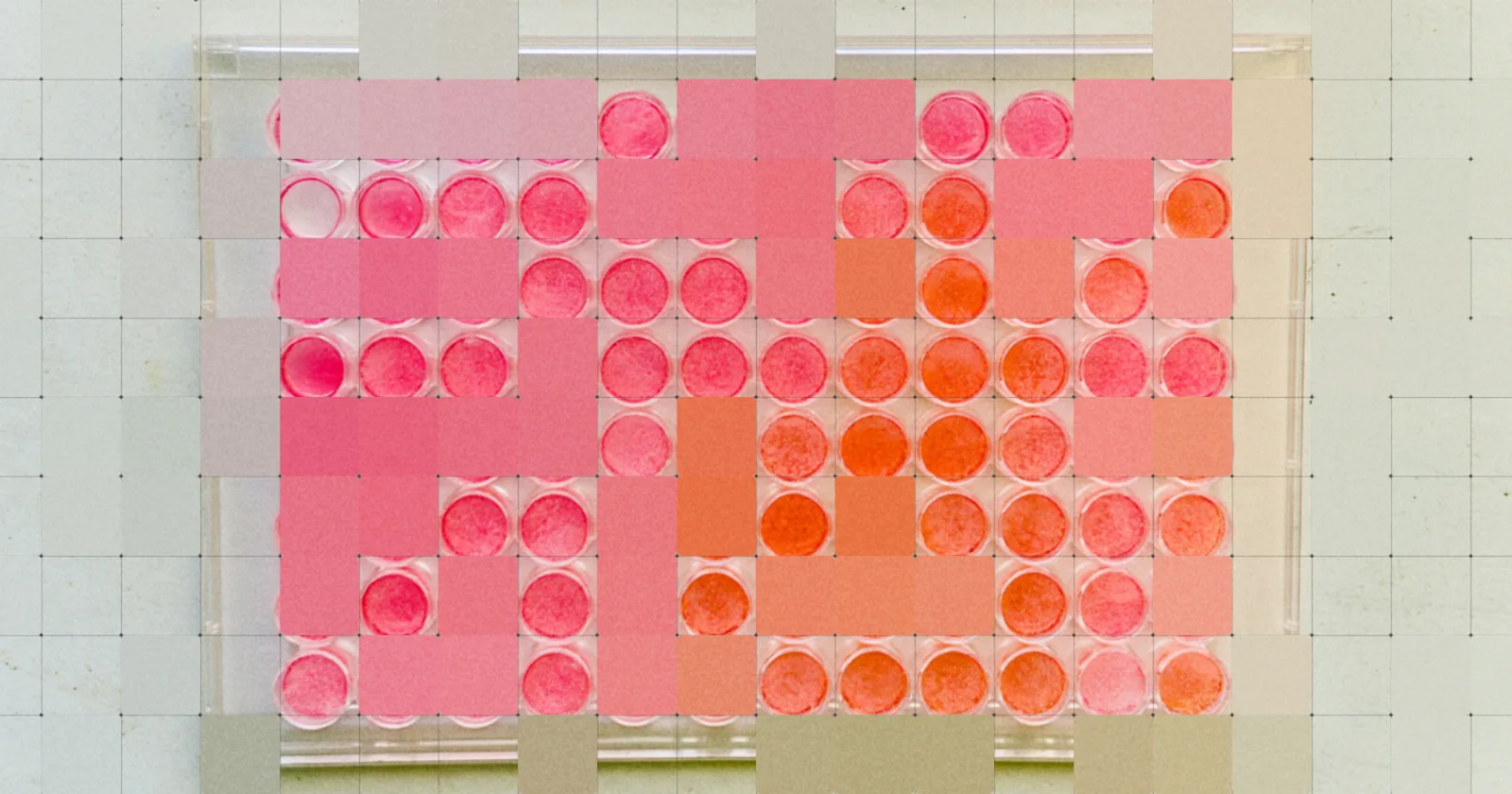 A clear 96-well plate seen from above on a pale lab bench, its wells filled with pink and orange medium, a few at the top left still clear. A grid of flat colour tiles is set over the photograph, one tile to a well.